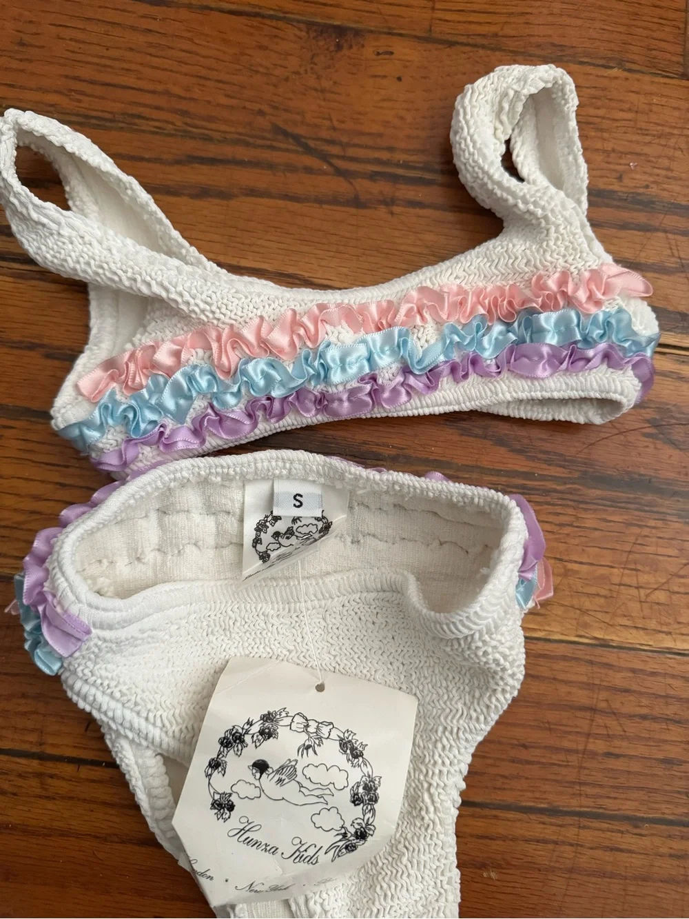 Hunza G Kids White Bikini with Pastel Pink Blue Purple Ruffles
